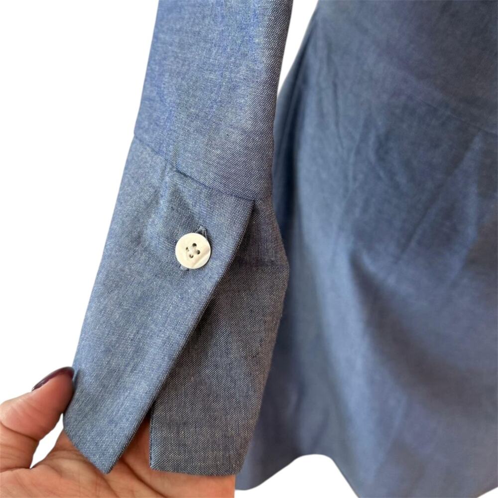 Gretchen Scott Breezy Blouson Chambray Blue Tie Waist Pockets Shirt Dress M - Picture 9 of 12
